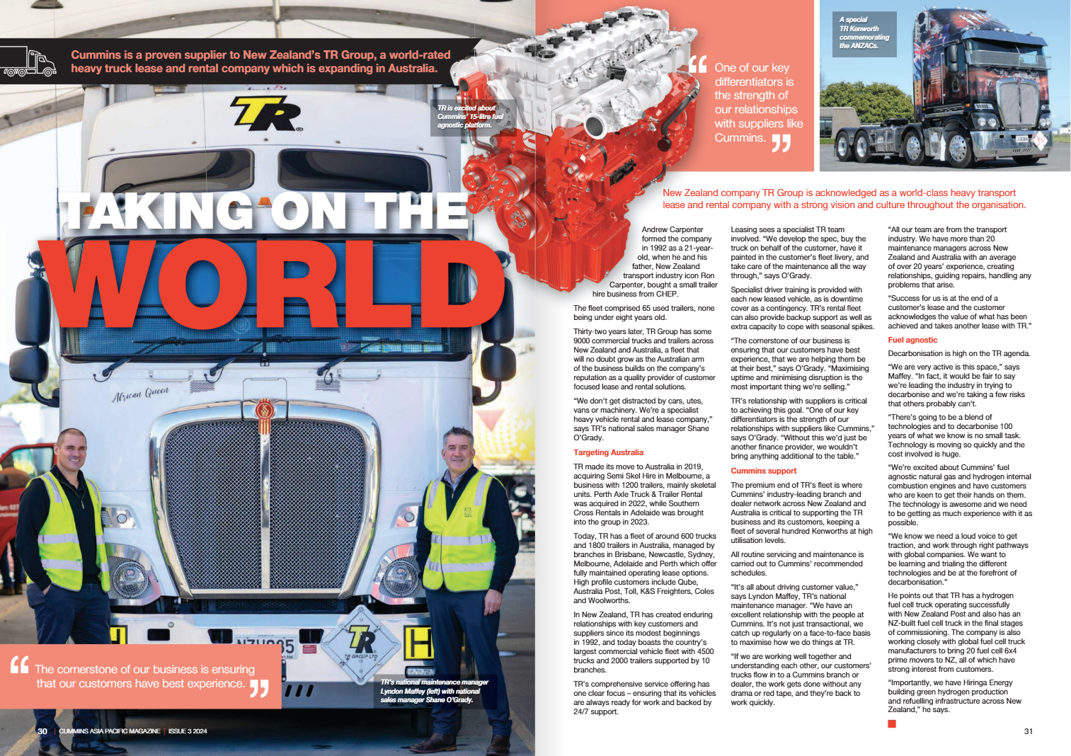 Magazine spread featuring TR Group and Cummins.